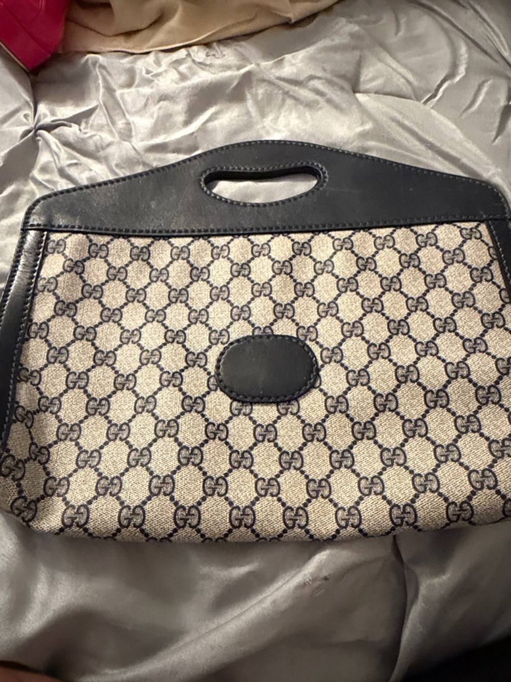 Gucci Beige & Black GG Monogram Clutch with Cutout Handle